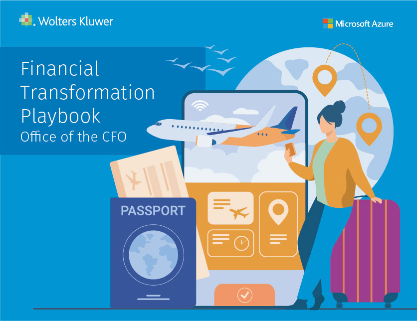 Financial Transformation Playbook cover showing illustration of a woman looking at her phone while planning her travels