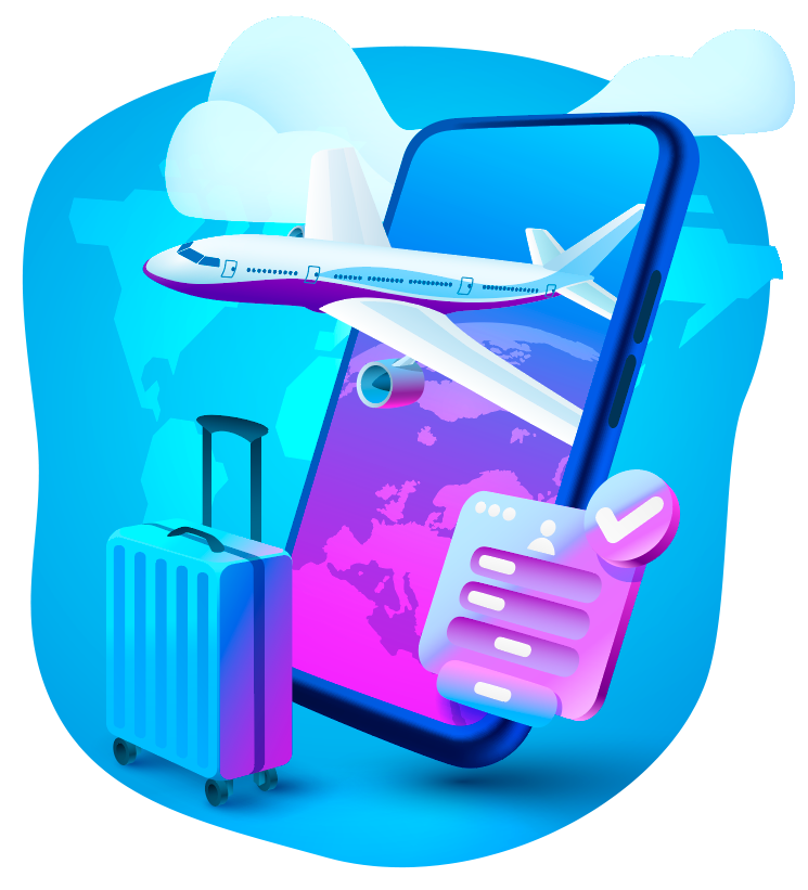 Illustration of an airplane flying out of a smart phone